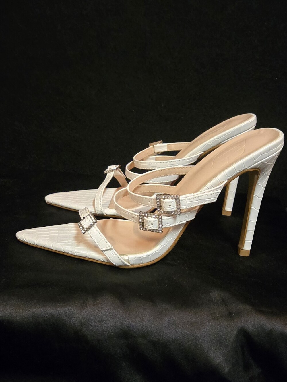 SHEIN Women's White Croc-Embossed Pointed Toe Stiletto Heels with Buckle Straps